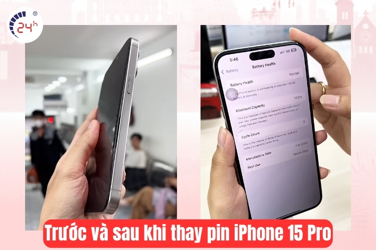 Trước và sau khi thay pin iPhone 15 Pro tại Bệnh Viện Điện Thoại, Laptop 24h