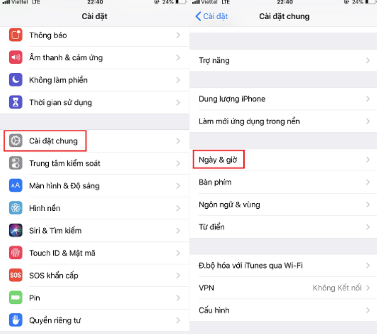 cài đặt ngày và giờ 