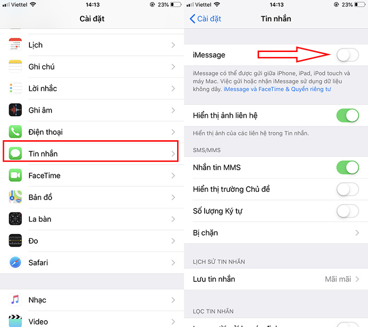 Bật lại iMessage